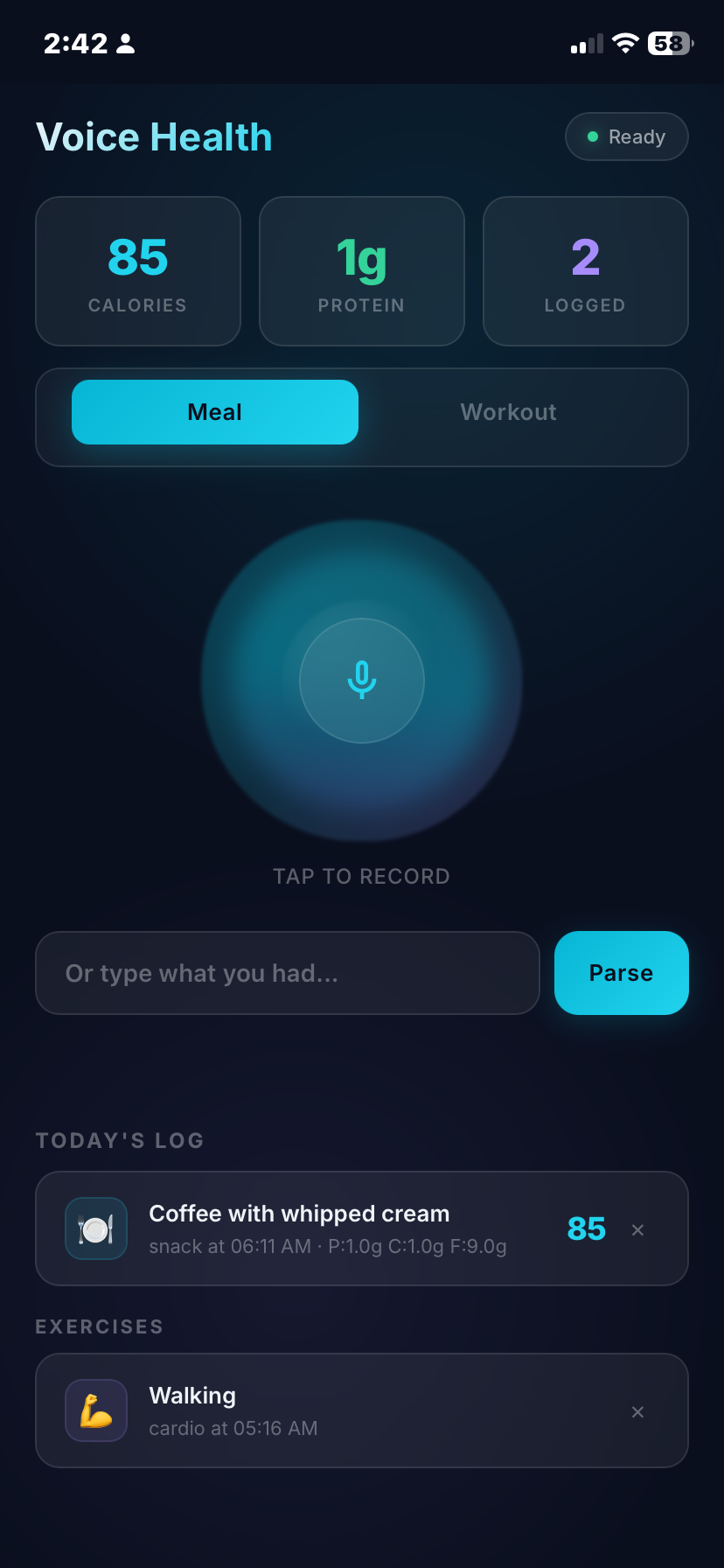 Voice Health Logger running as an installed PWA on iPhone